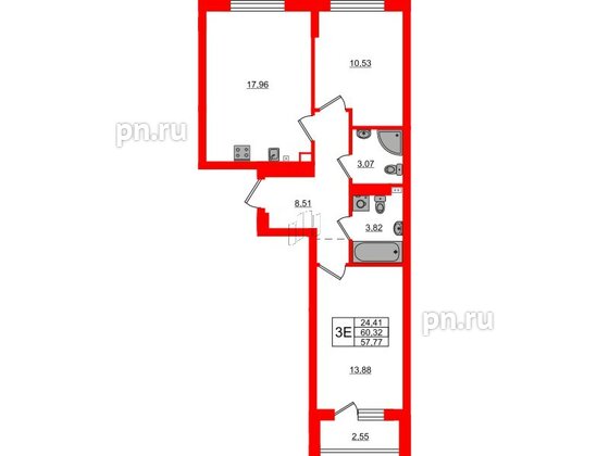 Квартира в ЖК «Новая история», 2 комнатная, 60.32 м², 5 этаж