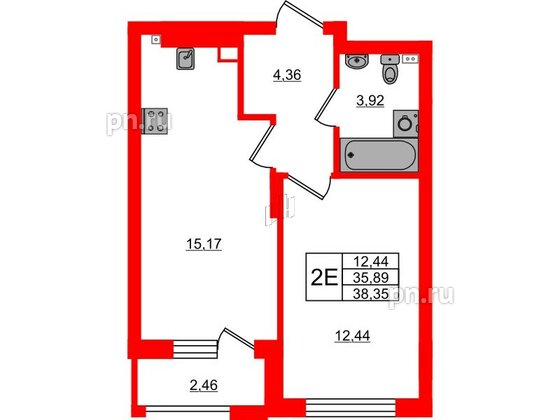 Квартира в ЖК «Новая история», 1 комнатная, 38.35 м², 3 этаж