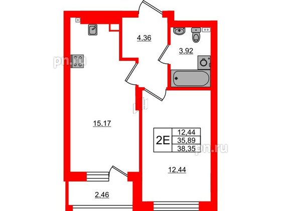 Квартира в ЖК «Новая история», 1 комнатная, 38.35 м², 4 этаж