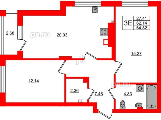 Квартира в ЖК «Новая история», 2 комнатная, 64.82 м², 1 этаж