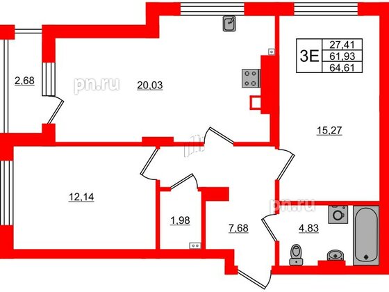 Квартира в ЖК «Новая история», 2 комнатная, 64.61 м², 3 этаж