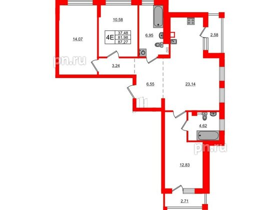 Квартира в ЖК «Новая история», 3 комнатная, 87.27 м², 1 этаж