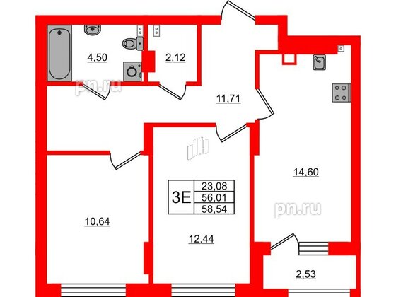 Квартира в ЖК «Новая история», 2 комнатная, 58.54 м², 1 этаж