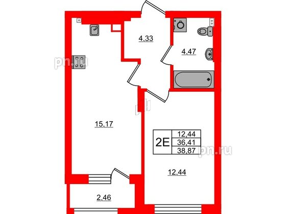Квартира в ЖК «Новая история», 1 комнатная, 39.87 м², 2 этаж