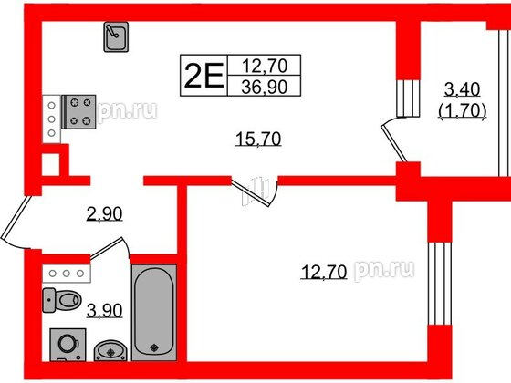 Квартира в ЖК «River Park», 1 комнатная, 36.9 м², 4 этаж