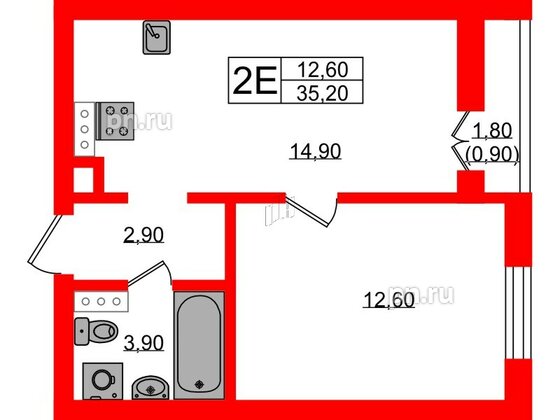 Квартира в ЖК «River Park», 1 комнатная, 35.2 м², 7 этаж