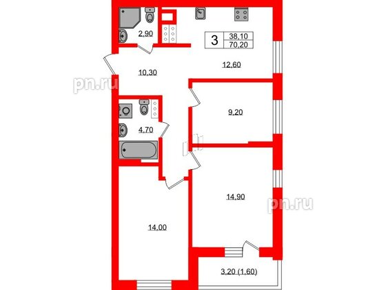 Квартира в ЖК «River Park», 3 комнатная, 70.2 м², 1 этаж