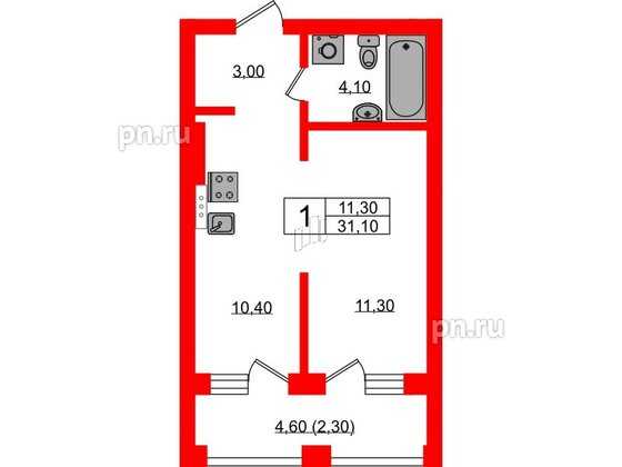 Квартира в ЖК «River Park», 1 комнатная, 31.1 м², 1 этаж