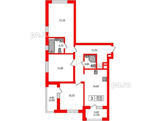 Квартира в ЖК «River Park», 3 комнатная, 75.9 м², 2 этаж
