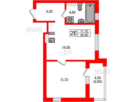 Квартира в ЖК «River Park», 1 комнатная, 36.6 м², 3 этаж