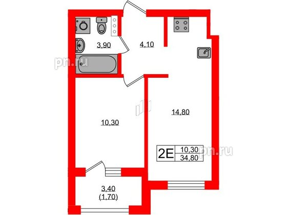 Квартира в ЖК «River Park», 1 комнатная, 34.8 м², 2 этаж