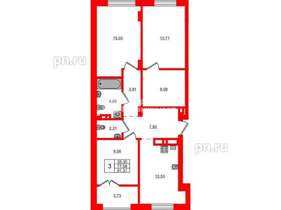 Квартира в ЖК «Включи», 3 комнатная, 81.31 м², 2 этаж