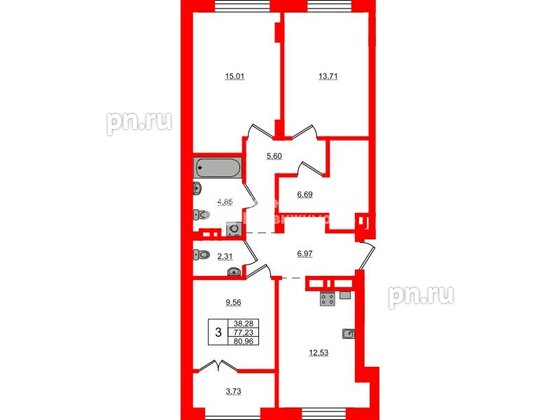Квартира в ЖК «Включи», 3 комнатная, 80.96 м², 5 этаж