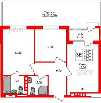 Квартира в ЖК Кроны и Волны, 2 комнатная, 58.2 м², 1 этаж