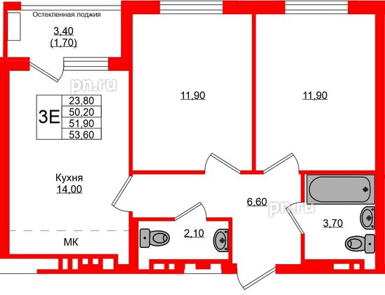 Квартира в ЖК Кроны и Волны, 2 комнатная, 51.9 м², 4 этаж
