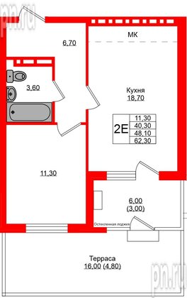 Квартира в ЖК Кроны и Волны, 1 комнатная, 48.1 м², 1 этаж