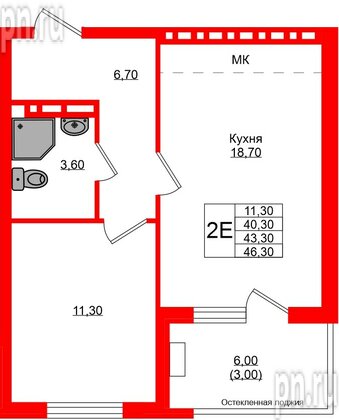 Квартира в ЖК Кроны и Волны, 1 комнатная, 43.3 м², 2 этаж