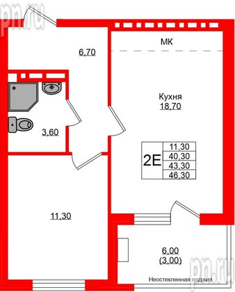 Квартира в ЖК Кроны и Волны, 1 комнатная, 43.3 м², 4 этаж