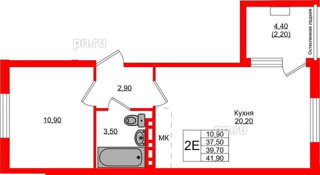 Квартира в ЖК Кроны и Волны, 1 комнатная, 39.7 м², 2 этаж