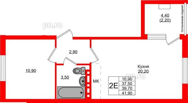 Квартира в ЖК Кроны и Волны, 1 комнатная, 39.7 м², 3 этаж
