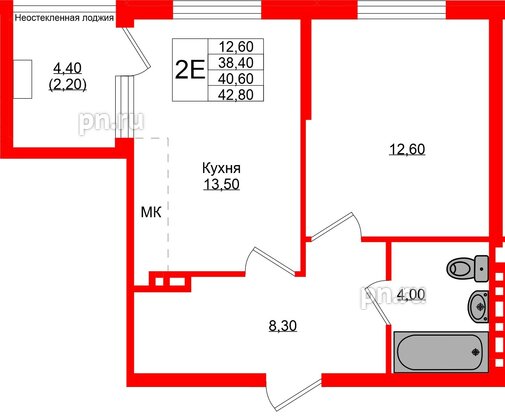 Квартира в ЖК Кроны и Волны, 1 комнатная, 40.6 м², 4 этаж