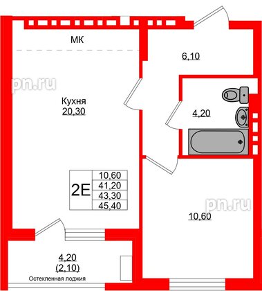 Квартира в ЖК Кроны и Волны, 1 комнатная, 43.3 м², 4 этаж