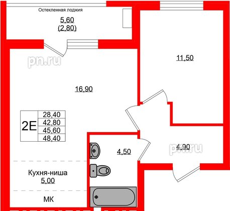 Квартира в ЖК Кроны и Волны, 2 комнатная, 45.6 м², 2 этаж