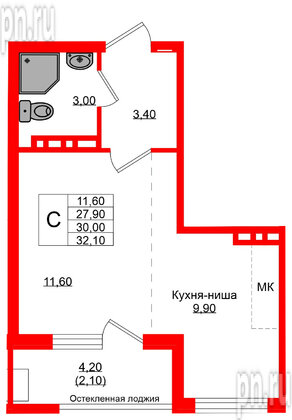 Квартира в ЖК Кроны и Волны, студия, 30 м², 2 этаж