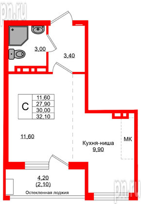 Квартира в ЖК Кроны и Волны, студия, 30 м², 3 этаж