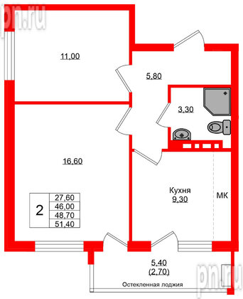 Квартира в ЖК Кроны и Волны, 2 комнатная, 48.7 м², 2 этаж