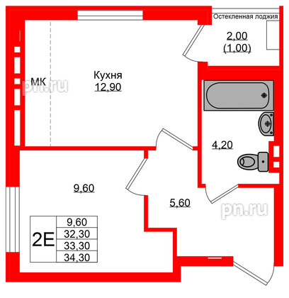 Квартира в ЖК Кроны и Волны, 1 комнатная, 33.3 м², 2 этаж