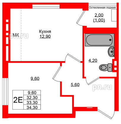 Квартира в ЖК Кроны и Волны, 1 комнатная, 33.3 м², 4 этаж