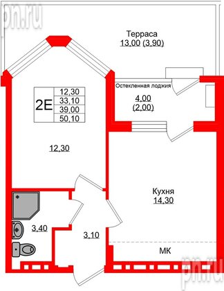 Квартира в ЖК «Кроны и Волны», 1 комнатная, 39 м², 1 этаж