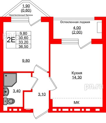 Квартира в ЖК «Кроны и Волны», 1 комнатная, 33.2 м², 2 этаж