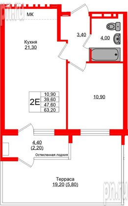 Квартира в ЖК Кроны и Волны, 1 комнатная, 47.6 м², 1 этаж
