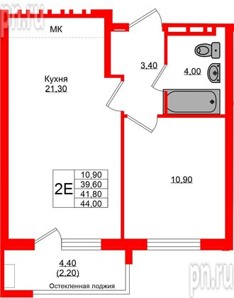 Квартира в ЖК Кроны и Волны, 1 комнатная, 41.8 м², 2 этаж