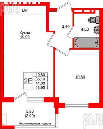 Квартира в ЖК Кроны и Волны, 1 комнатная, 41 м², 4 этаж