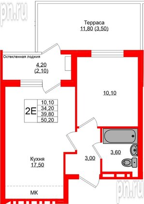 Квартира в ЖК Кроны и Волны, 1 комнатная, 39.8 м², 1 этаж