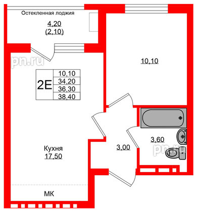 Квартира в ЖК Кроны и Волны, 1 комнатная, 36.3 м², 2 этаж