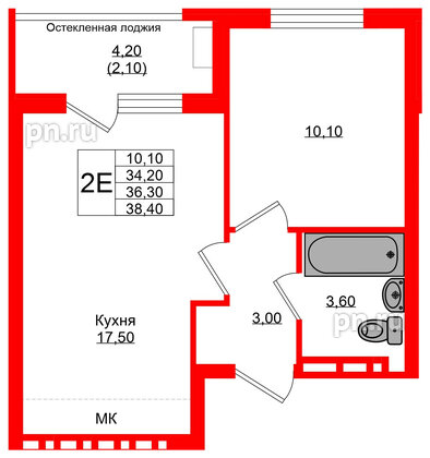 Квартира в ЖК Кроны и Волны, 1 комнатная, 36.3 м², 4 этаж