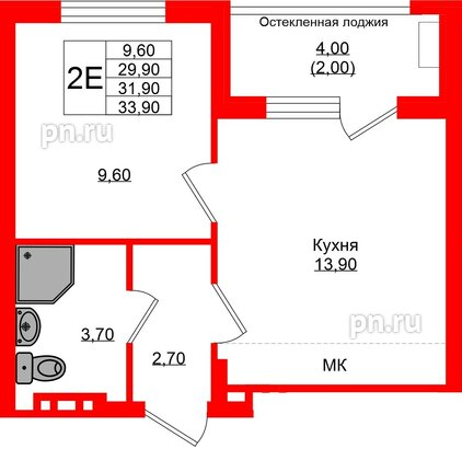 Квартира в ЖК «Кроны и Волны», 1 комнатная, 31.9 м², 2 этаж