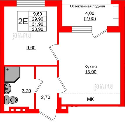 Квартира в ЖК «Кроны и Волны», 1 комнатная, 31.9 м², 4 этаж