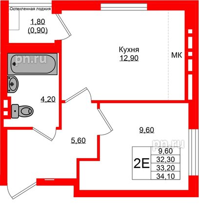 Квартира в ЖК Кроны и Волны, 1 комнатная, 33.2 м², 4 этаж