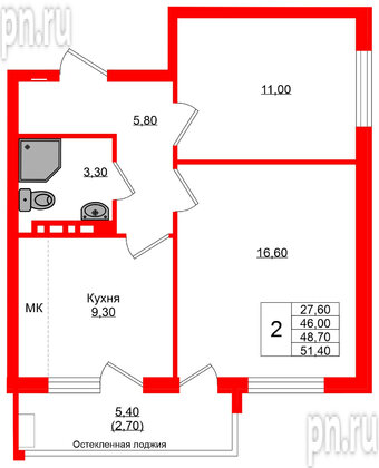 Квартира в ЖК Кроны и Волны, 2 комнатная, 48.7 м², 2 этаж