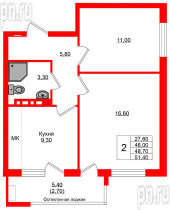 Квартира в ЖК Кроны и Волны, 2 комнатная, 48.7 м², 3 этаж