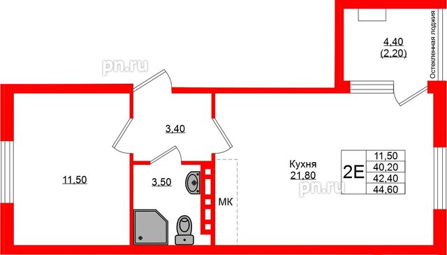 Квартира в ЖК Кроны и Волны, 1 комнатная, 42.4 м², 2 этаж