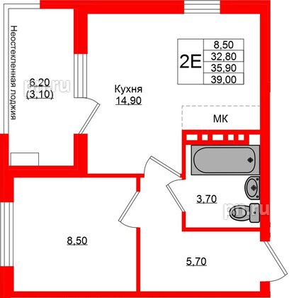 Квартира в ЖК Кроны и Волны, 1 комнатная, 35.9 м², 4 этаж