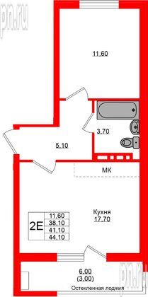 Квартира в ЖК Кроны и Волны, 1 комнатная, 41.1 м², 2 этаж