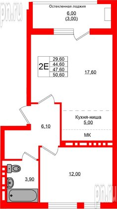 Квартира в ЖК Кроны и Волны, 2 комнатная, 47.6 м², 2 этаж