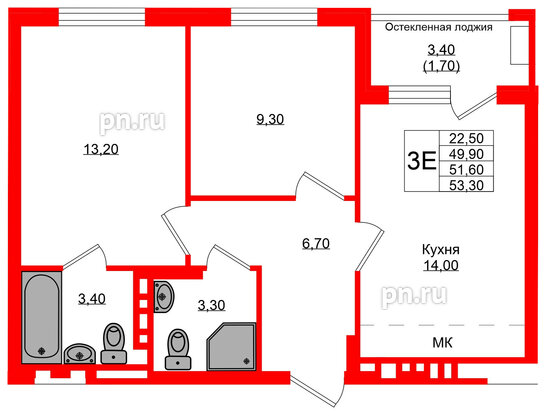 Квартира в ЖК Кроны и Волны, 2 комнатная, 51.6 м², 2 этаж